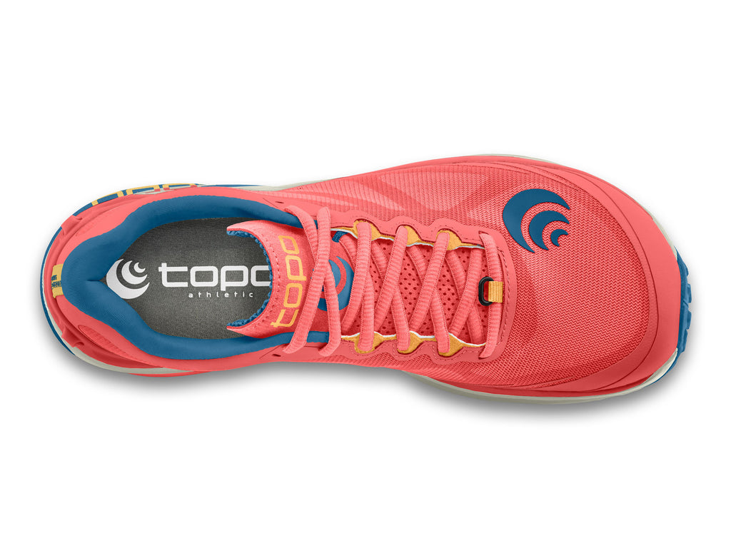 Women's Topo Athletic Mtn Racer 2. Pink upper. Blue/grey midsole. Top view.