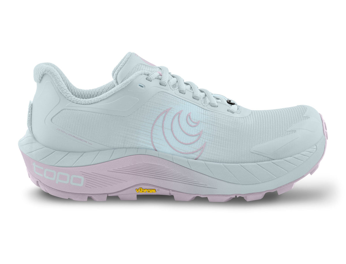 Women's Topo MTN Racer 4. Light Purple upper. Light Grey midsole. Lateral view.