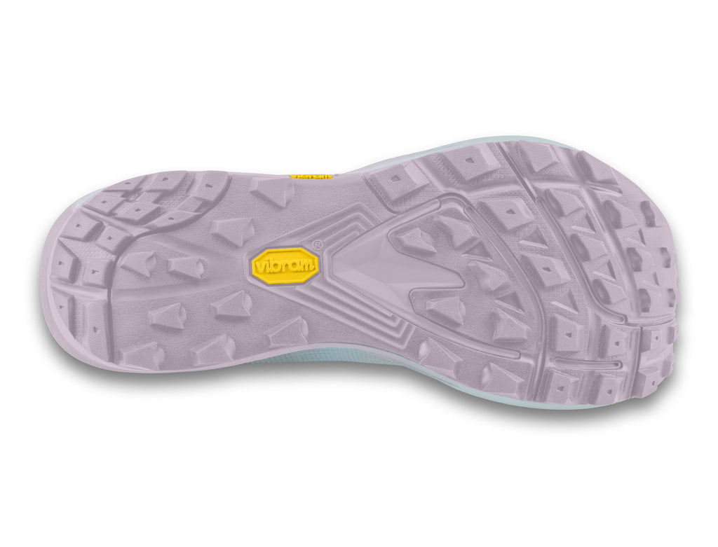 Women's Topo MTN Racer 4. Light Purple upper. Light Grey midsole. Bottom view.