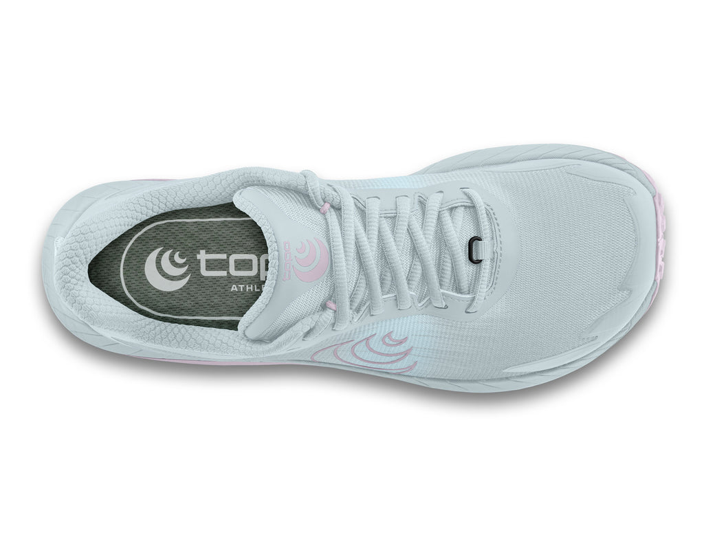 Women's Topo MTN Racer 4. Light Purple upper. Light Grey midsole. Top view.