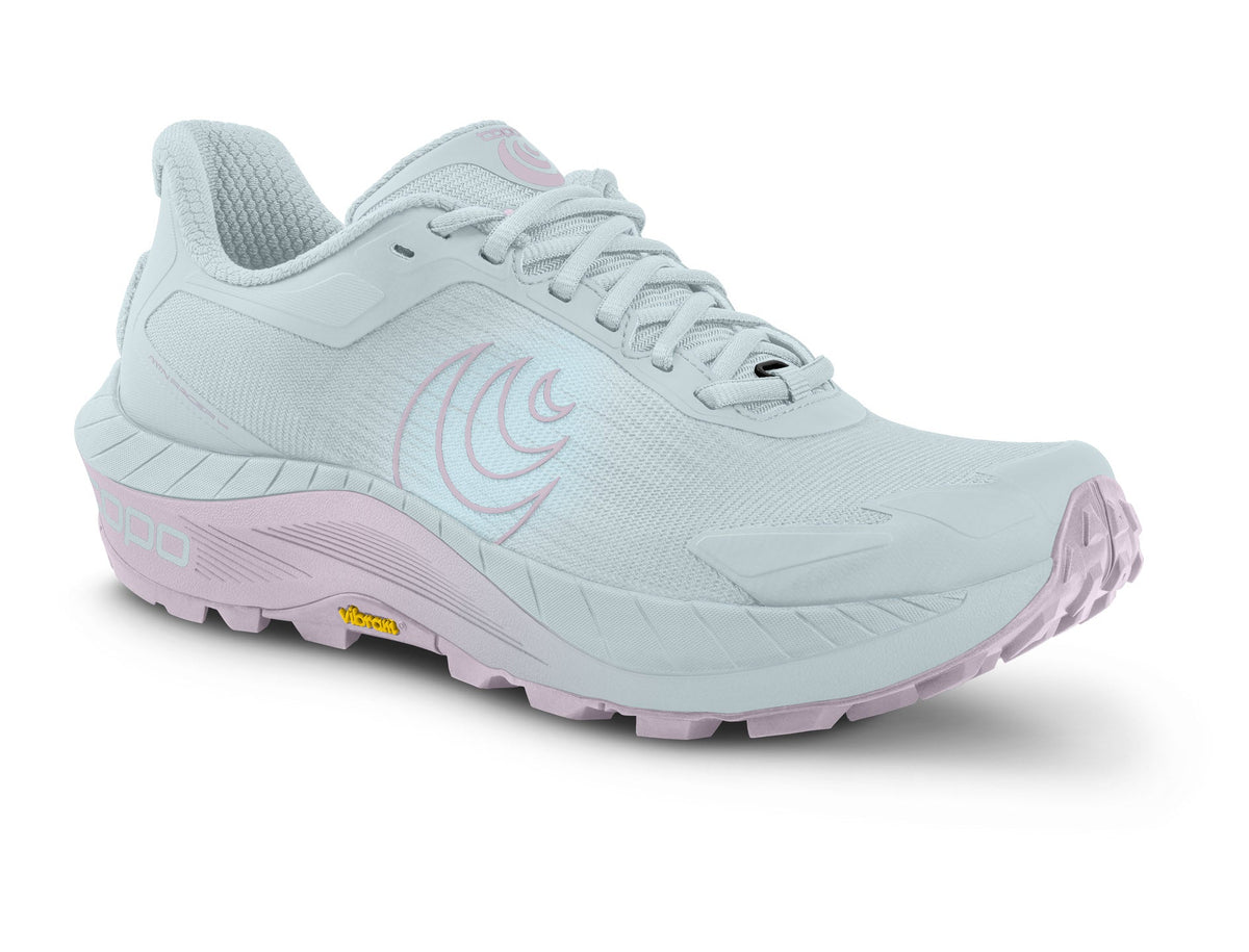 Women's Topo MTN Racer 4. Light Purple upper. Light Grey midsole. Lateral view.