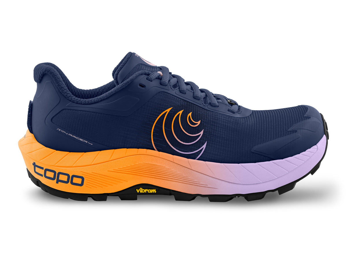 Women's Topo MTN Racer 4. Purple upper. Orange/lilac midsole. Lateral view.