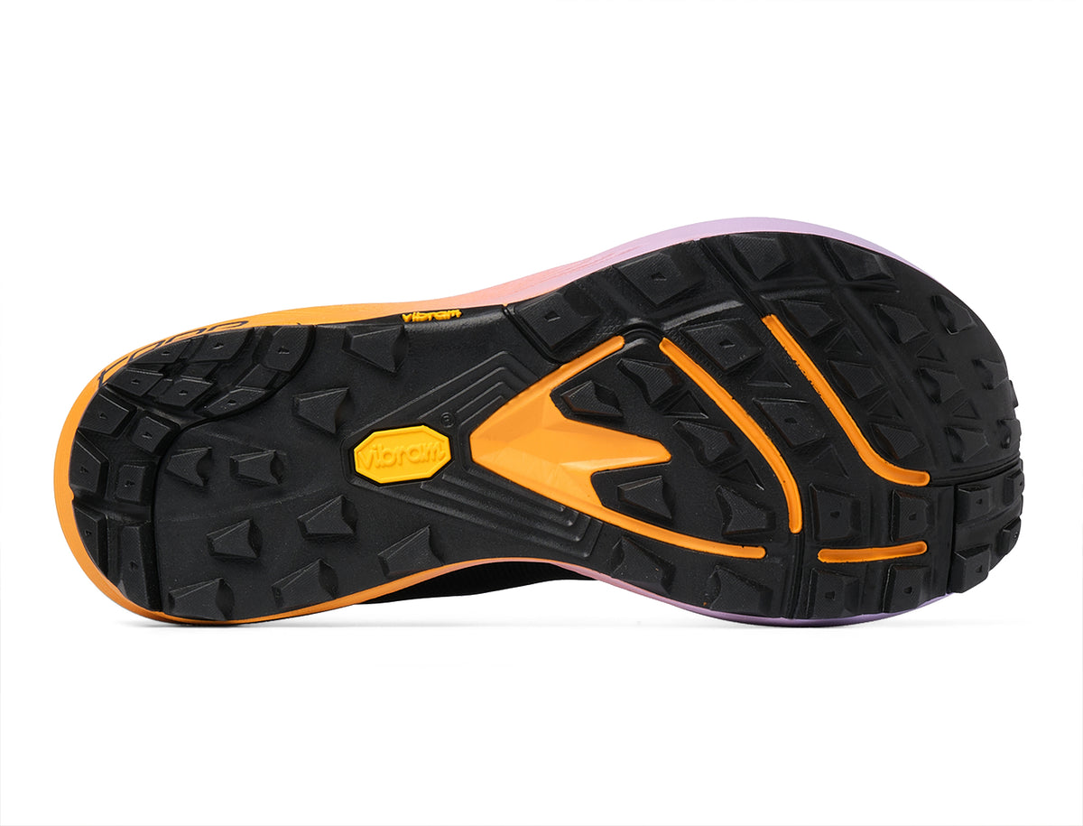 Women's Topo MTN Racer 4. Purple upper. Orange/lilac midsole. Bottom view.