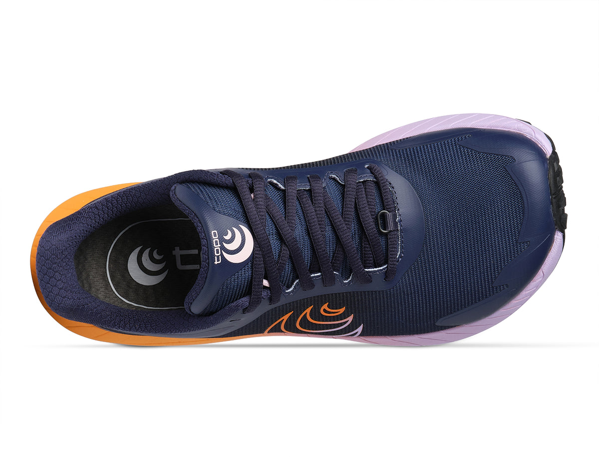 Women's Topo MTN Racer 4. Purple upper. Orange/lilac midsole. Top view.