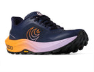 Women's Topo MTN Racer 4. Purple upper. Orange/lilac midsole. Lateral view.