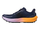 Women's Topo MTN Racer 4. Purple upper. Orange/lilac midsole. Medial view.