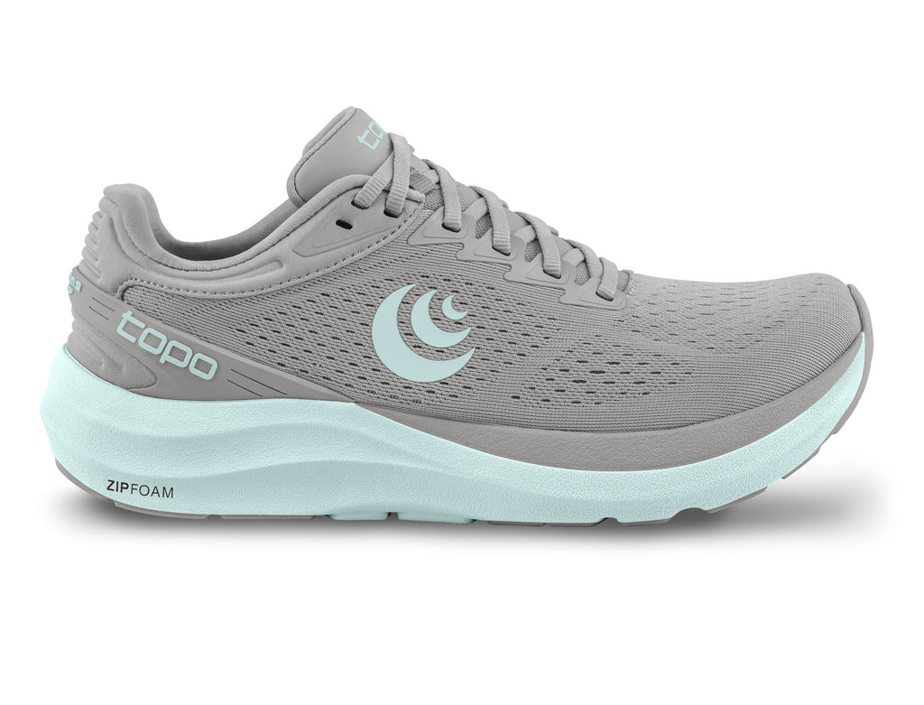 Women's Topo Athletic Phantom 3. Grey upper. Light Grey midsole. Lateral view.