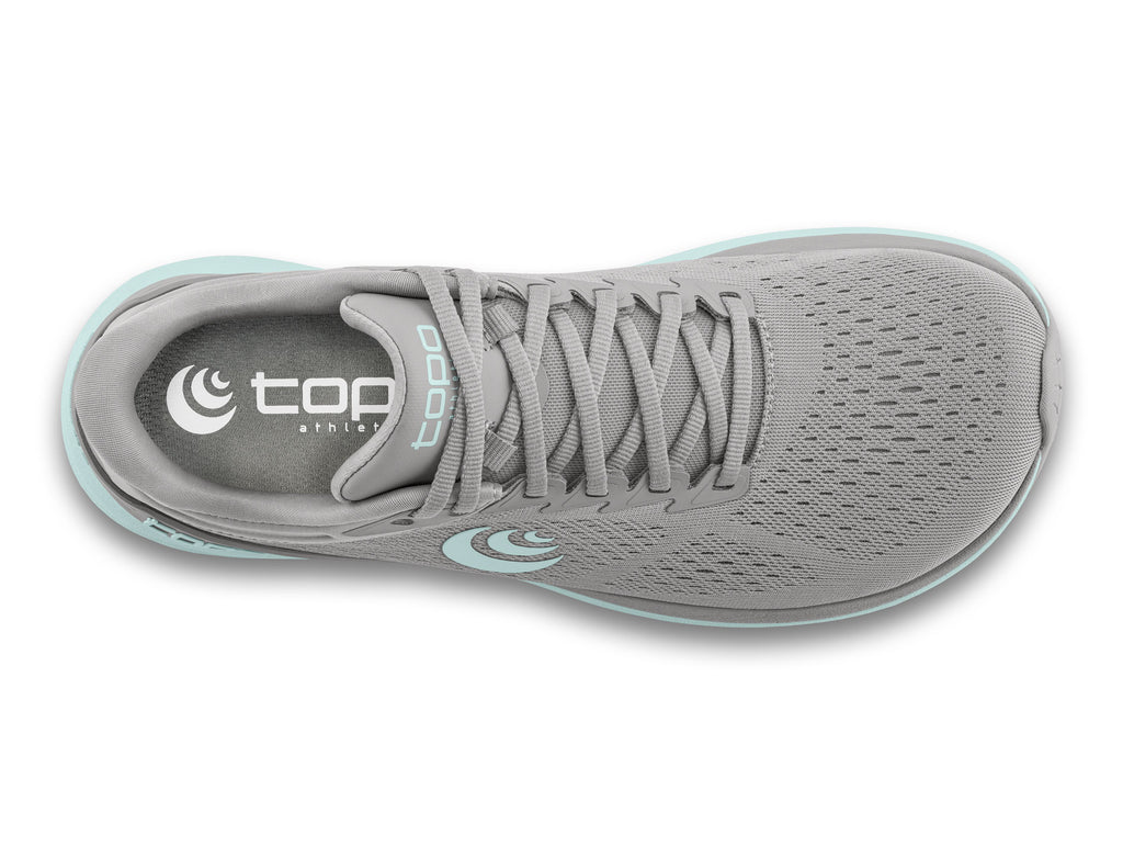 Women's Topo Athletic Phantom 3. Grey upper. Light Grey midsole. Top view.