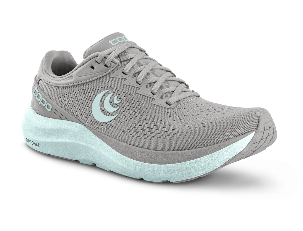 Women's Topo Athletic Phantom 3. Grey upper. Light Grey midsole. Lateral view.