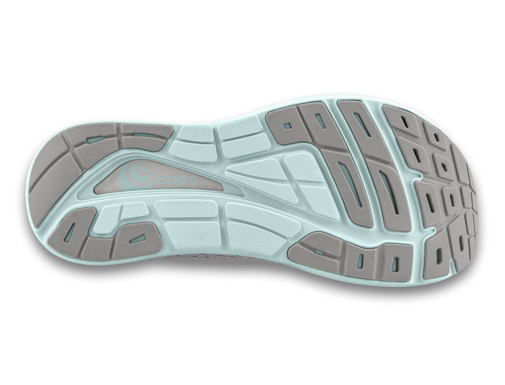 Women's Topo Athletic Phantom 3. Grey upper. Light Grey midsole. Bottom view.