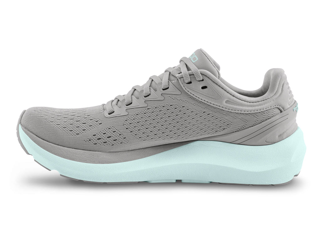 Women's Topo Athletic Phantom 3. Grey upper. Light Grey midsole. Medial view.