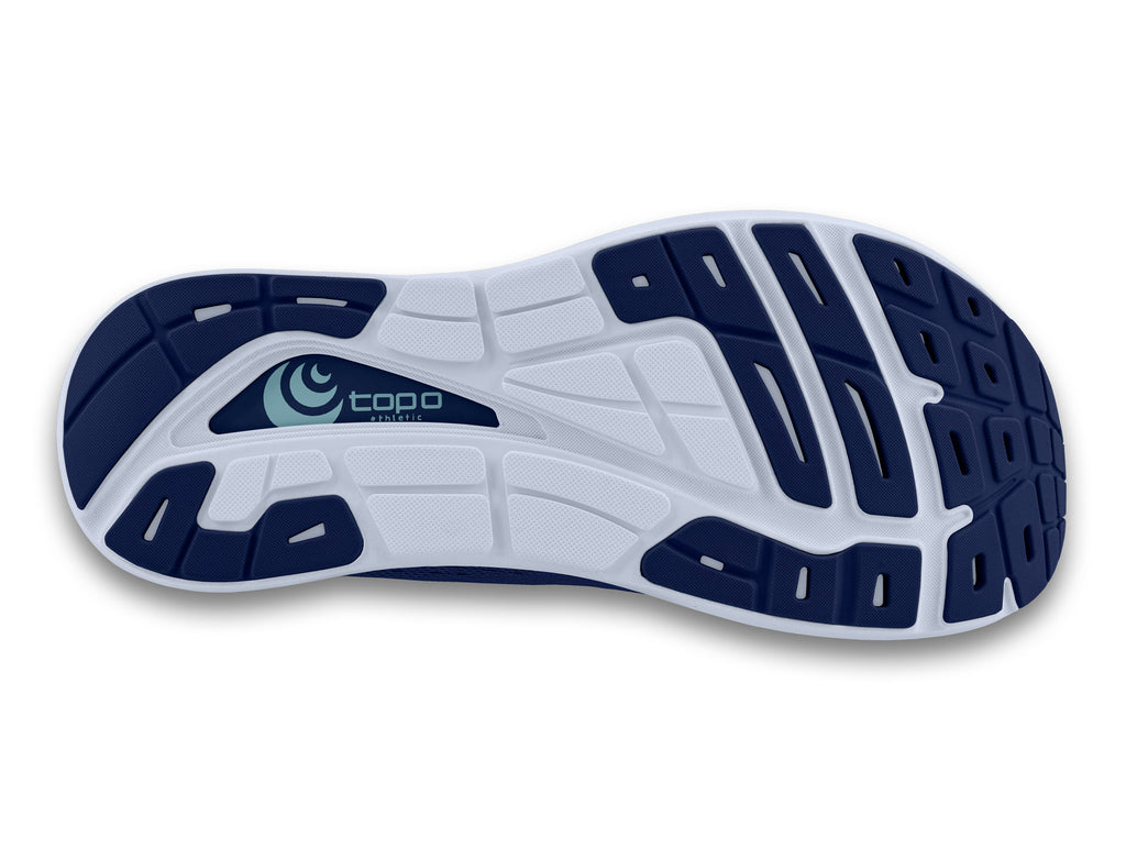 Women's Topo Phantom 3. Purple upper. Blue midsole. Bottom view.