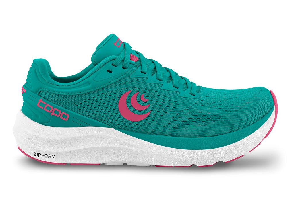 Women's Topo Athletic Phantom 3. Teal upper. White midsole. Pink highlights. Lateral view.