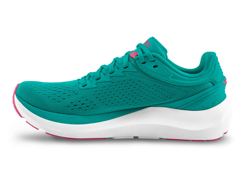 Women's Topo Athletic Phantom 3. Teal upper. White midsole. Pink highlights. Medial view.