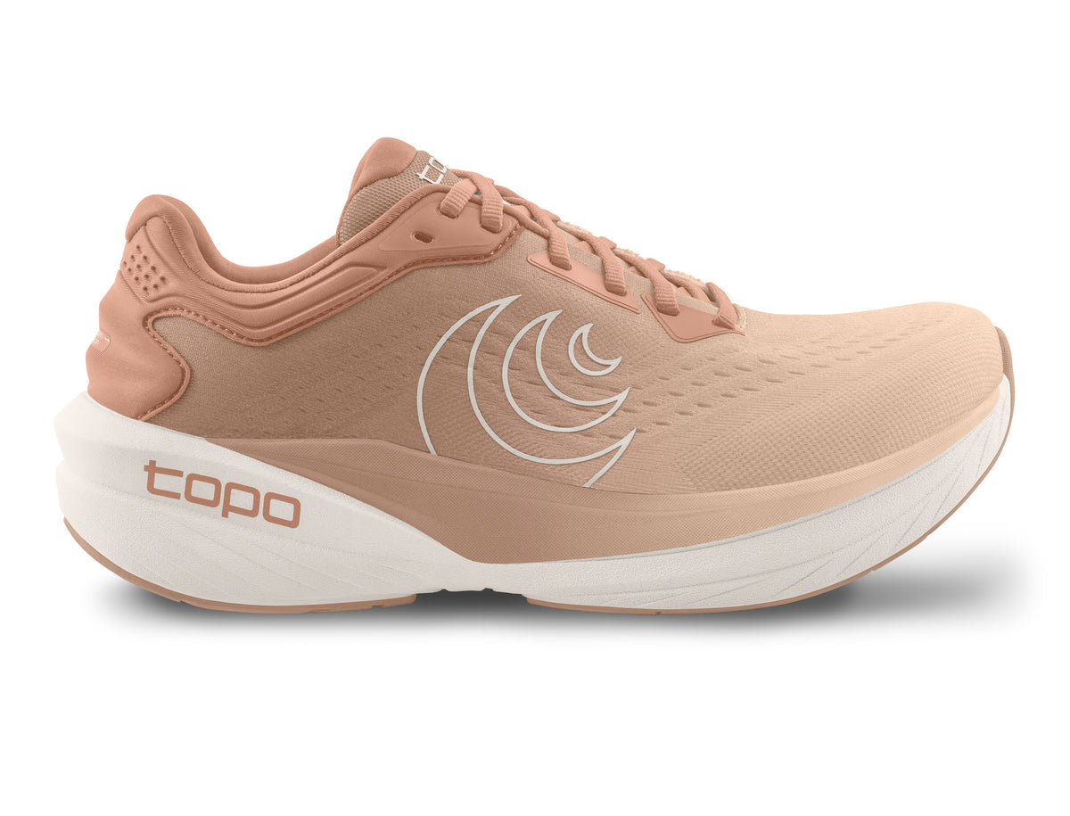 Women's Topo Phantom 4. Pink upper. White midsole. Lateral view.