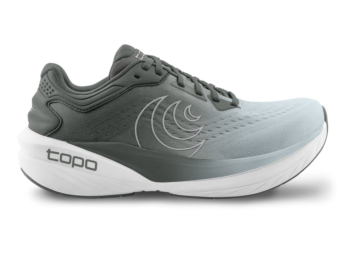 Women's Topo Phantom 4. Grey upper. White midsole. Lateral view.