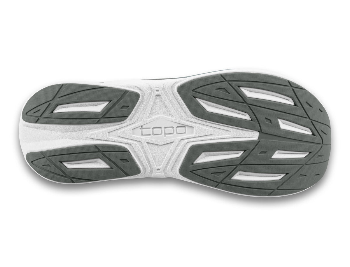 Women's Topo Phantom 4. Grey upper. White midsole. Bottom view.