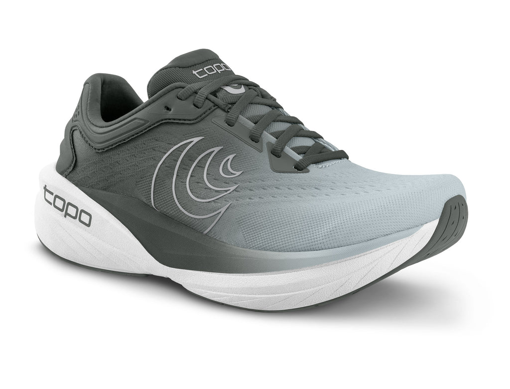 Women's Topo Phantom 4. Grey upper. White midsole. Lateral view.