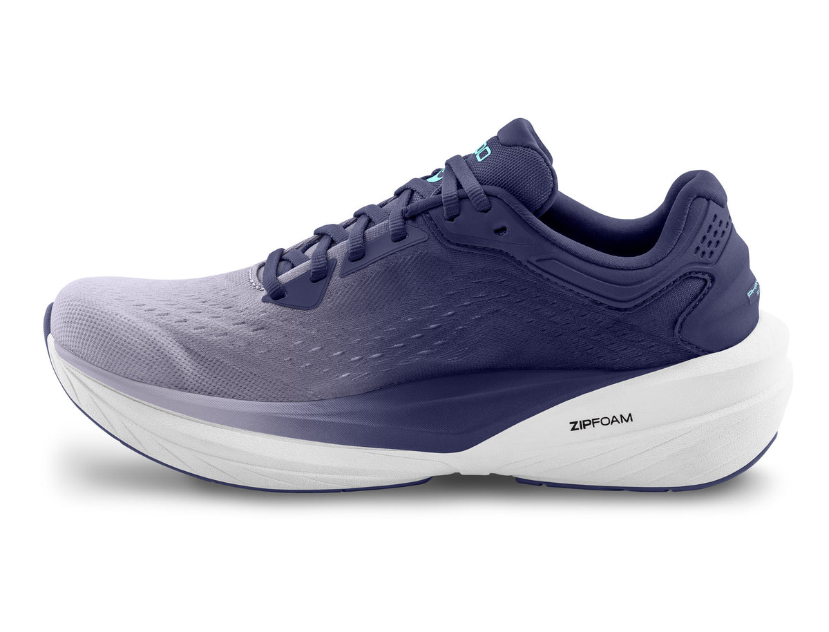 Women's Topo Phantom 4. Purple upper. White midsole. Medial view.