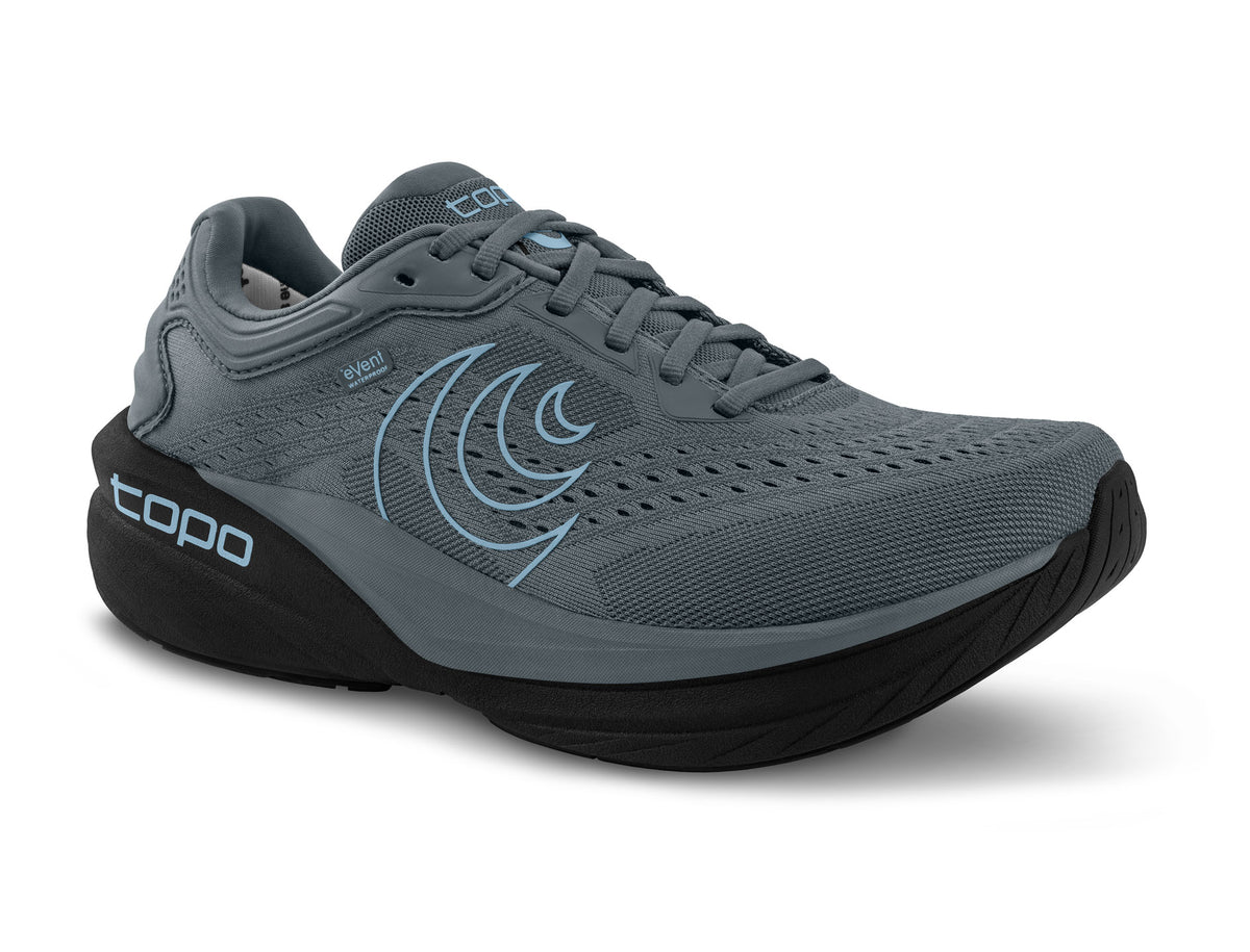 Women's Topo Phantom 4 WP. Grey upper. Black midsole. Lateral view.