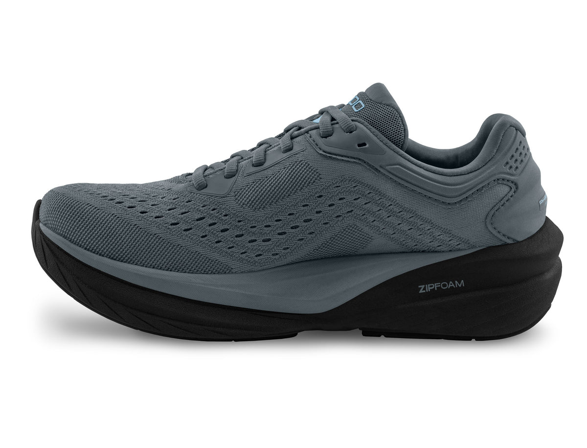 Women's Topo Phantom 4 WP. Grey upper. Black midsole. Medial view.