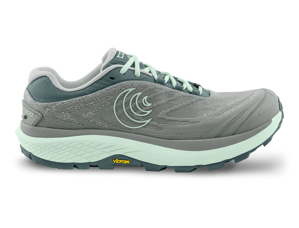 Women's Topo Pursuit 2. Grey upper. Light green midsole. Lateral view.