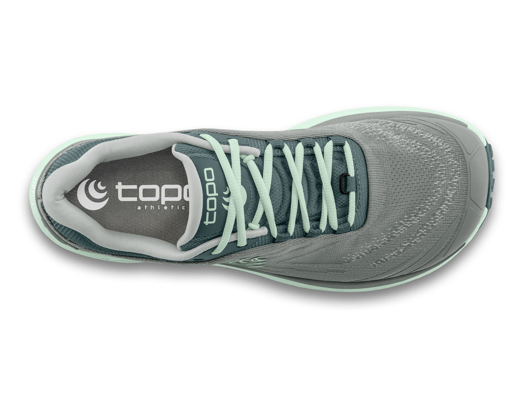 Women's Topo Pursuit 2. Grey upper. Light green midsole. Top view.