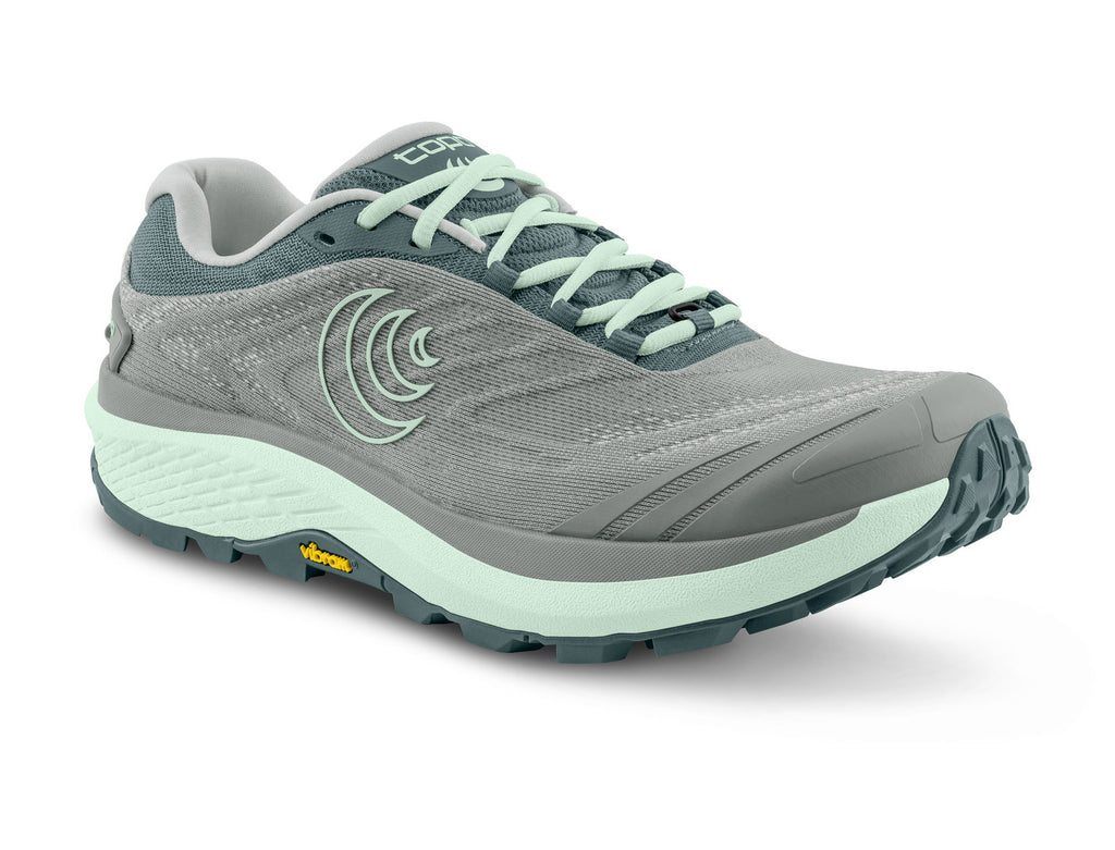 Women's Topo Pursuit 2. Grey upper. Light green midsole. Lateral view.