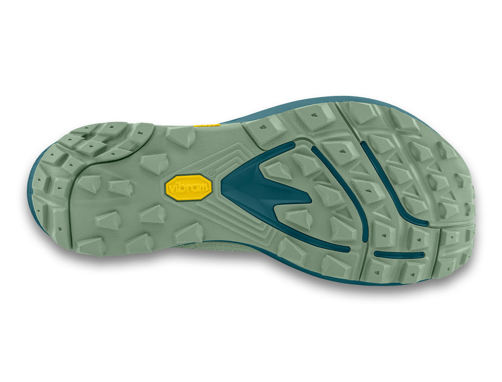 Women's Topo Pursuit 2. Green upper. Blue midsole. Bottom view.