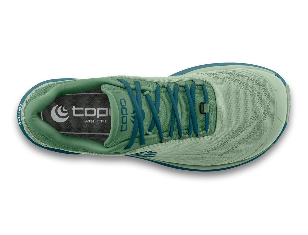 Women's Topo Pursuit 2. Green upper. Blue midsole. Top view.