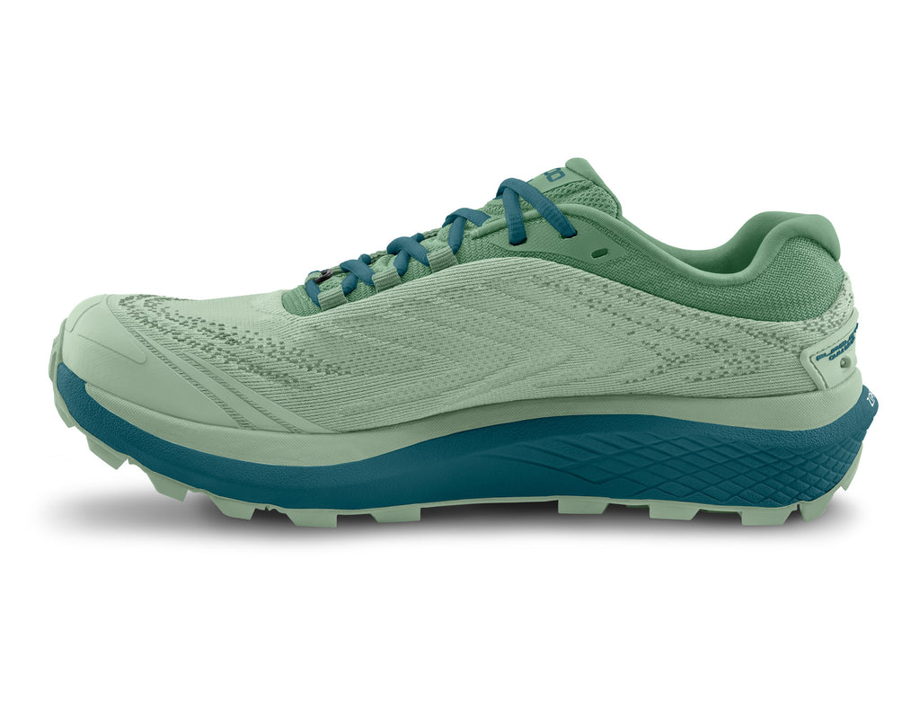 Women's Topo Pursuit 2. Green upper. Blue midsole. Medial view.
