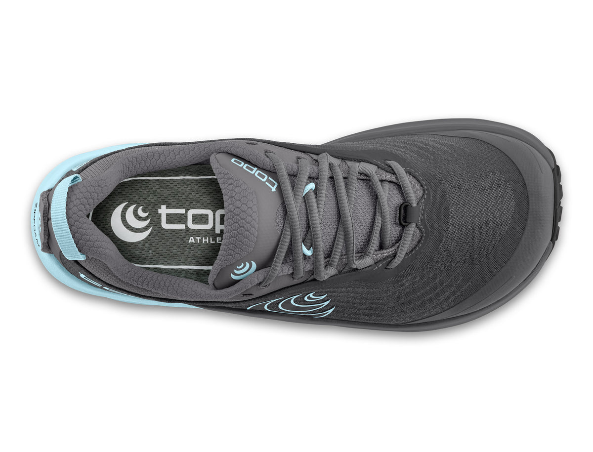 Women's Topo Pursuit 3. Grey upper. Light Blue/Grey midsole. Top view.
