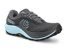 Women's Topo Pursuit 3. Grey upper. Light Blue/Grey midsole. Lateral view.