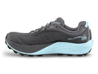 Women's Topo Pursuit 3. Grey upper. Light Blue/Grey midsole. Medial view.