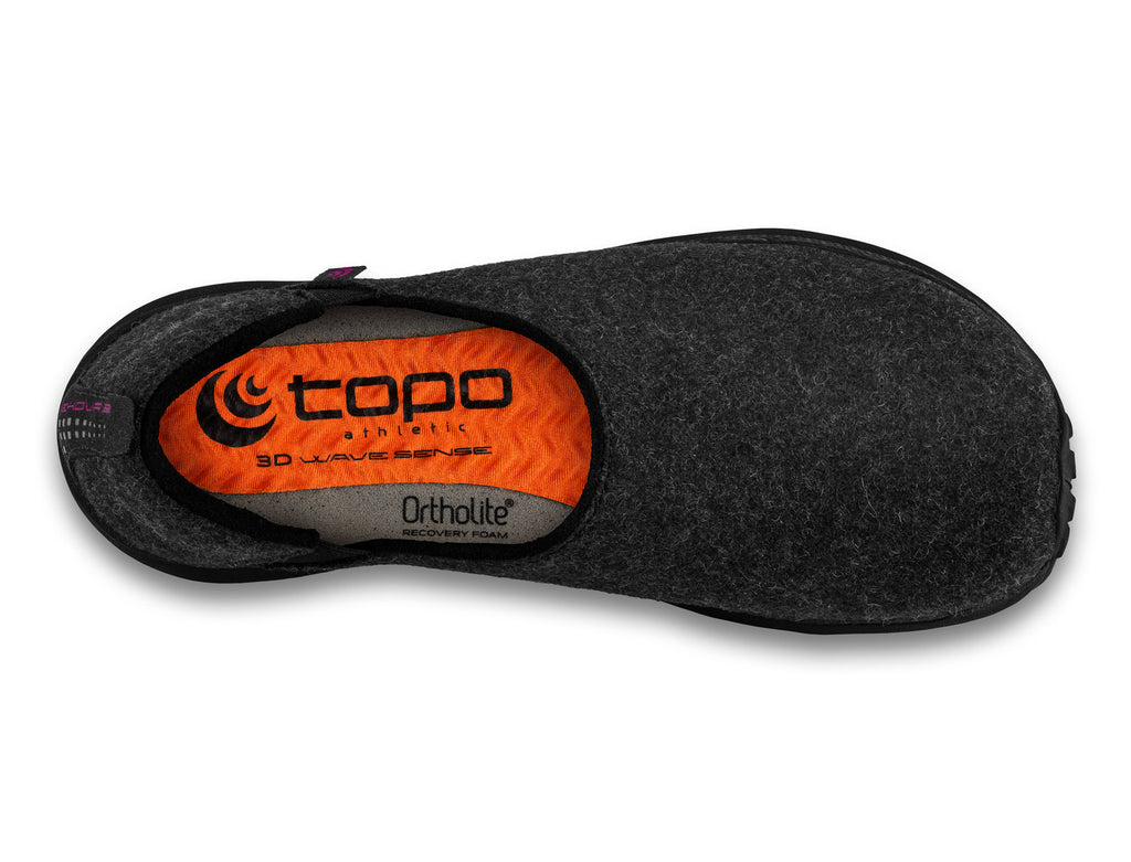 Women's Topo Athletic Rekovr 2. Dark grey upper. Black midsole. Top view.