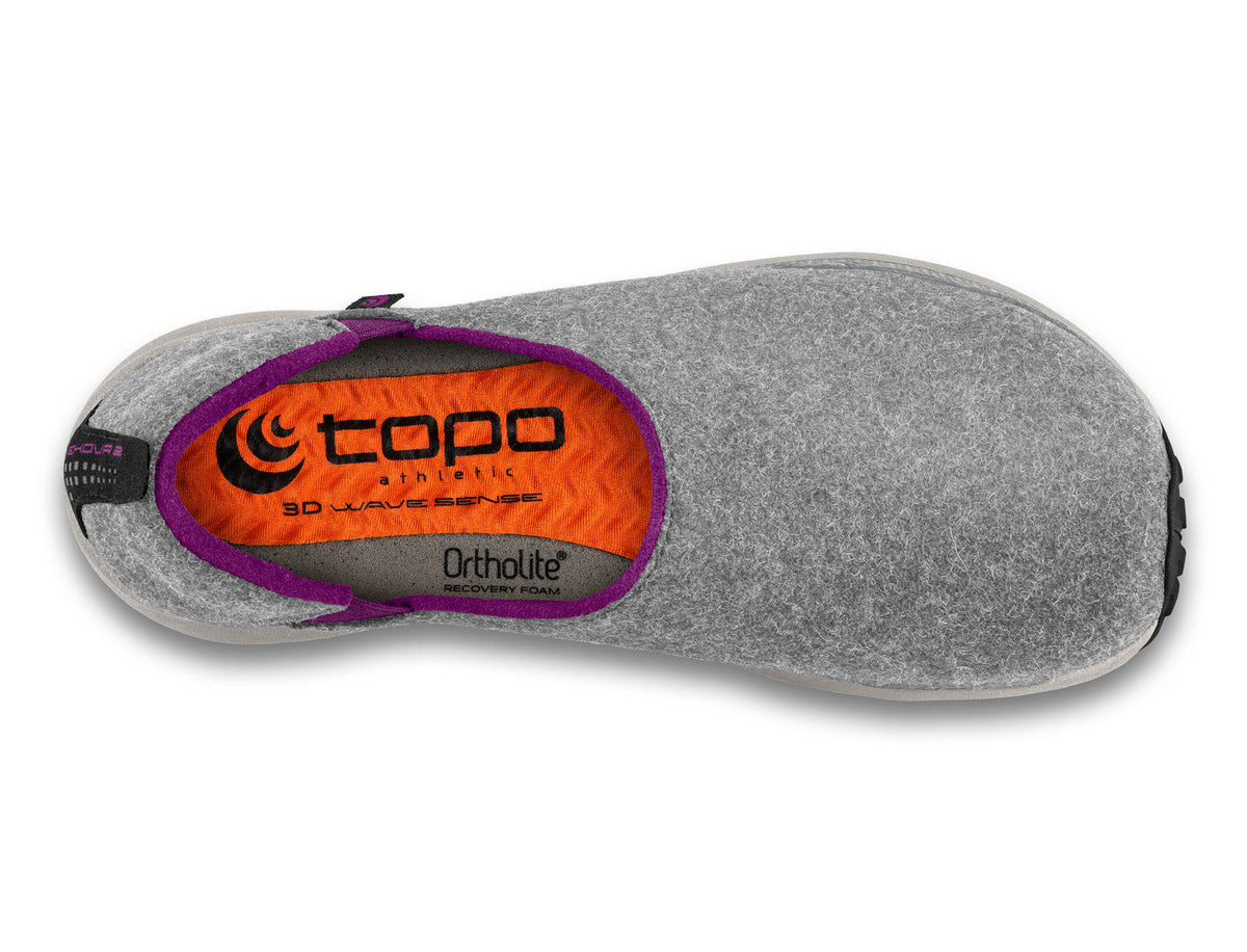 Women's Topo Athletic Rekovr 2 in Grey/Purple, top view.