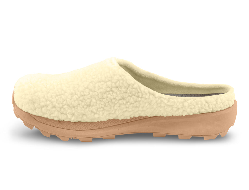 Women's Topo Athletic Revive. Off white upper. Tan midsole. Medial view.