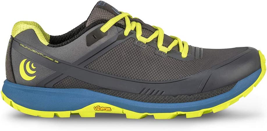 Women's Topo Athletic Runventure 3. Grey upper. Teal/yellow midsole. Lateral view.