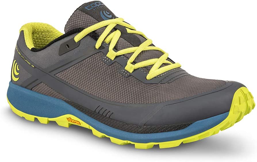 Women's Topo Athletic Runventure 3. Grey upper. Teal/yellow midsole. Lateral view.