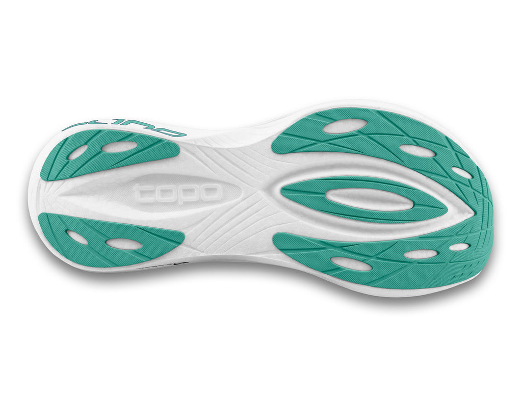 Women's Topo Specter 2. Blue Green upper. White midsole. Bottom view.