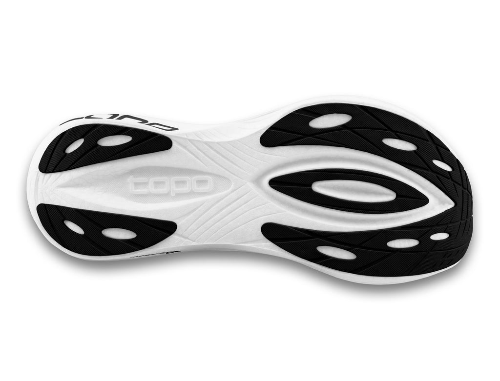 Women's Topo Specter 2. Rainbow upper. White midsole. Bottom view.