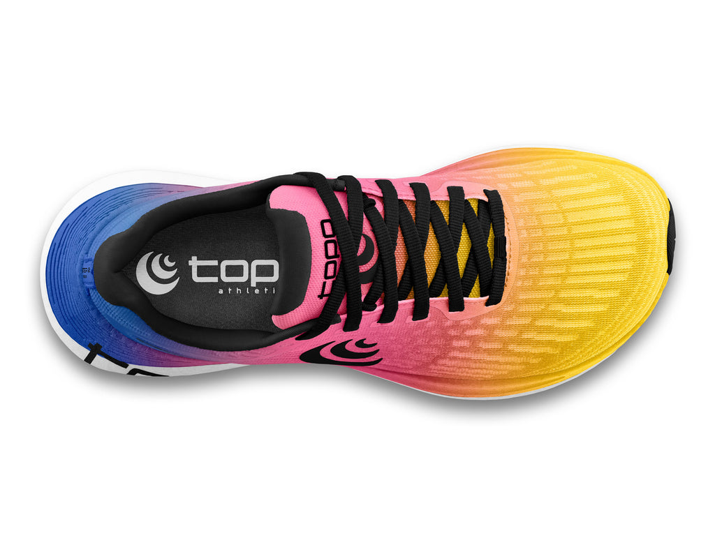 Women's Topo Specter 2. Rainbow upper. White midsole. Top view.