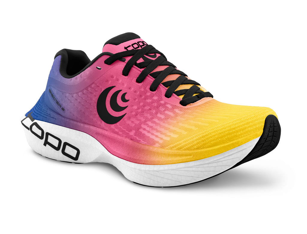 Women's Topo Specter 2. Rainbow upper. White midsole. Lateral view.