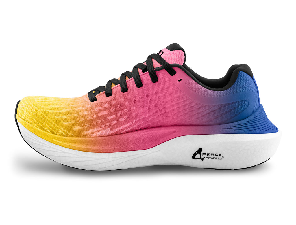 Women's Topo Specter 2. Rainbow upper. White midsole. Medial view.