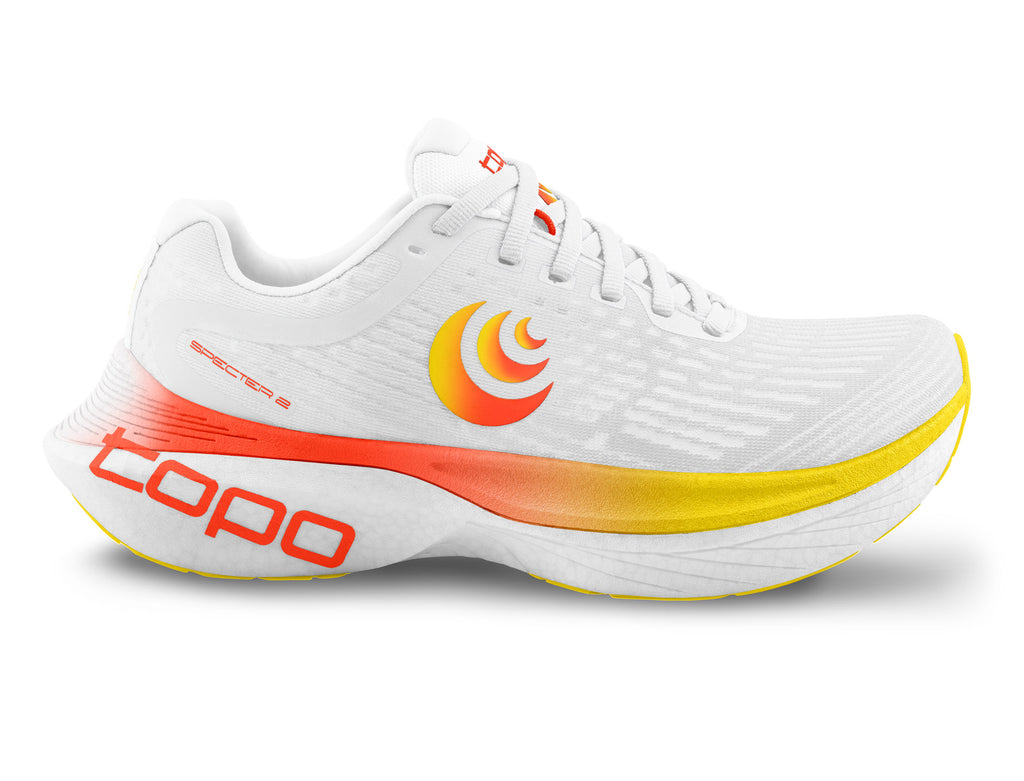 Women's Topo Specter 2. White upper. White midsole. Lateral view.
