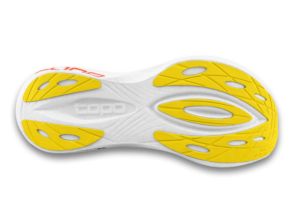 Women's Topo Specter 2. White upper. White midsole. Bottom view.