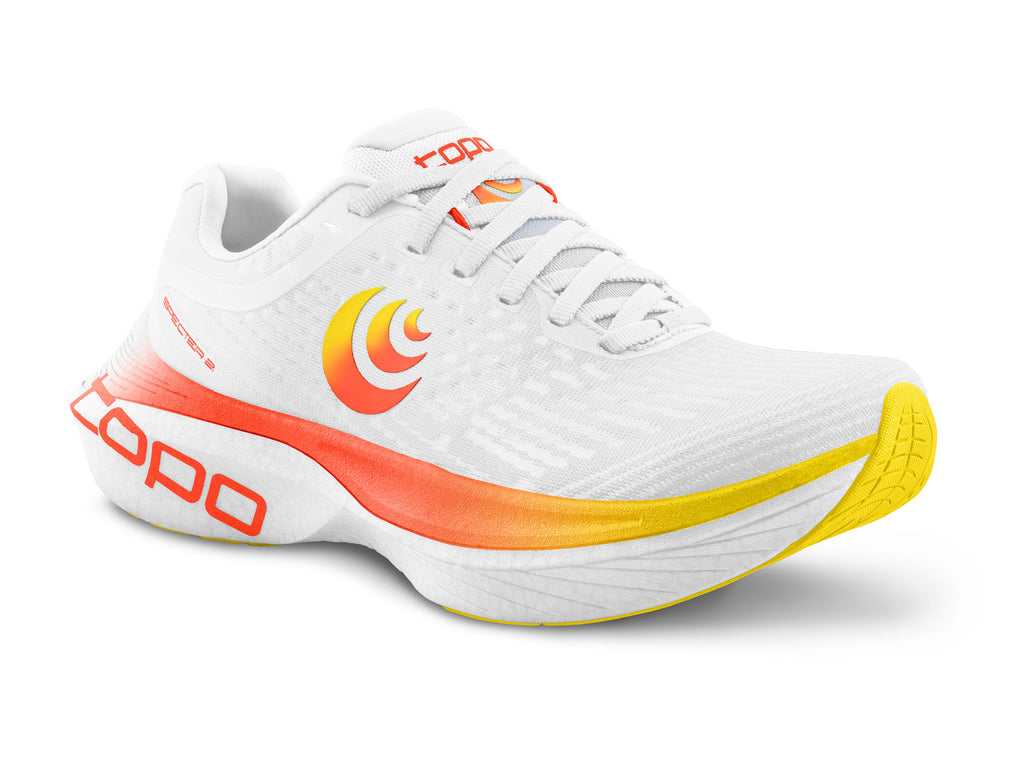 Women's Topo Specter 2. White upper. White midsole. Lateral view.