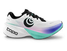 Women's Topo Specter 3. White upper. White/Teal midsole. Lateral view.