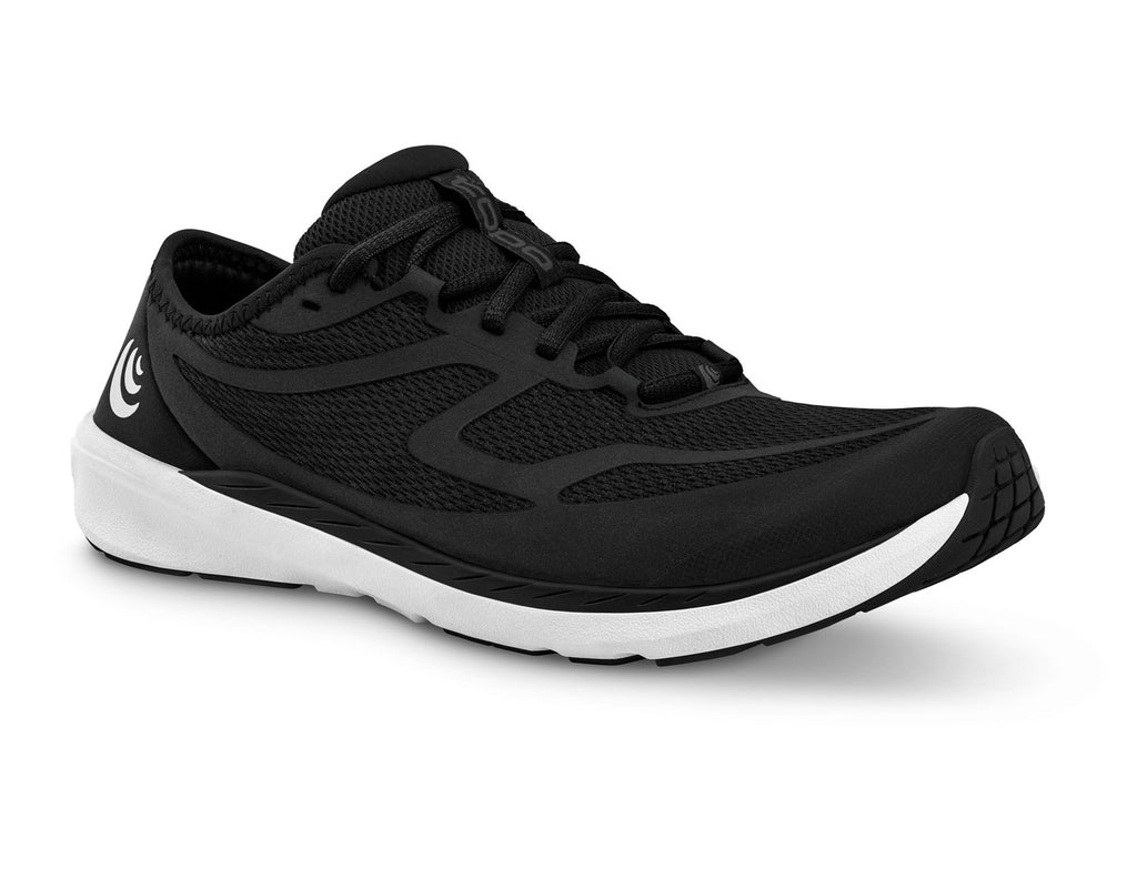 Women's Topo Athletic ST-4. Black upper. White midsole. Lateral view.