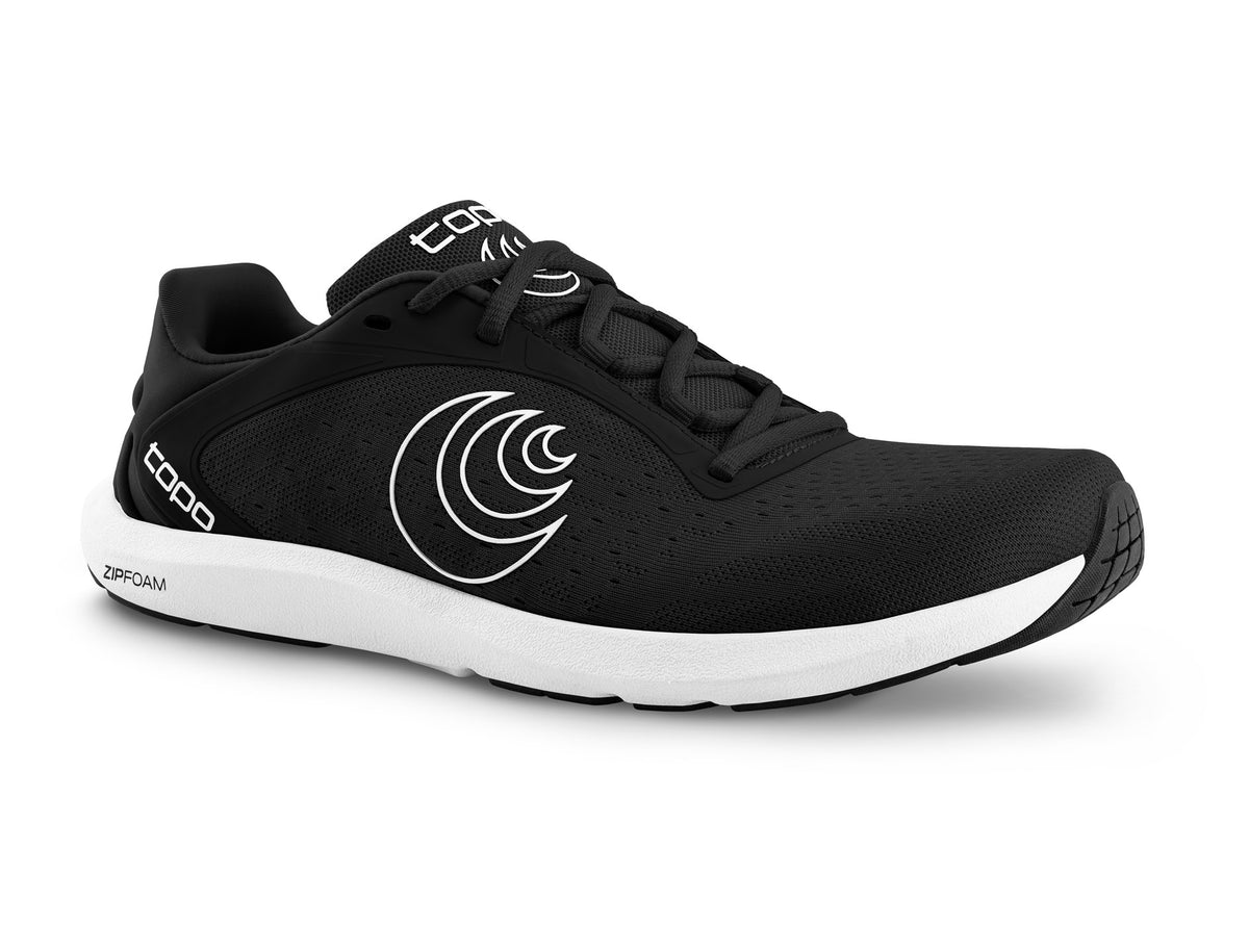 Women's Topo ST-6. Black upper. White midsole. Lateral view.